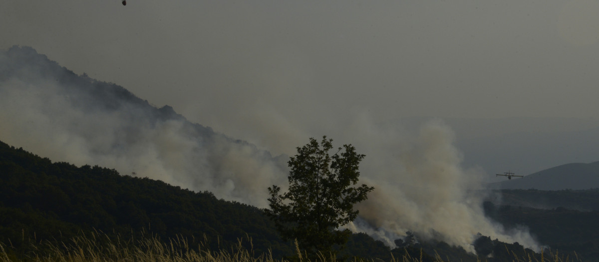 Medios aéreos de extinción en el incendio que llegó a nivel 2 por cercania a poblaciones. Vilardevós (Ourense) 02/08/25.Foto Rosa Veiga