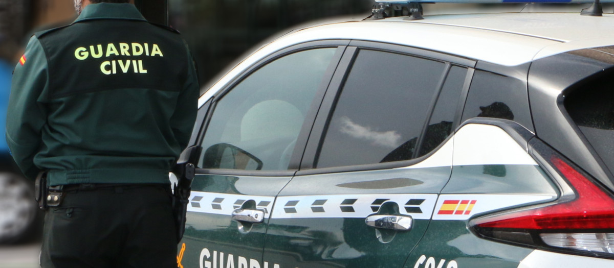 Agente de la Guardia Civil de espaldas de pie junto a un vehículo oficial