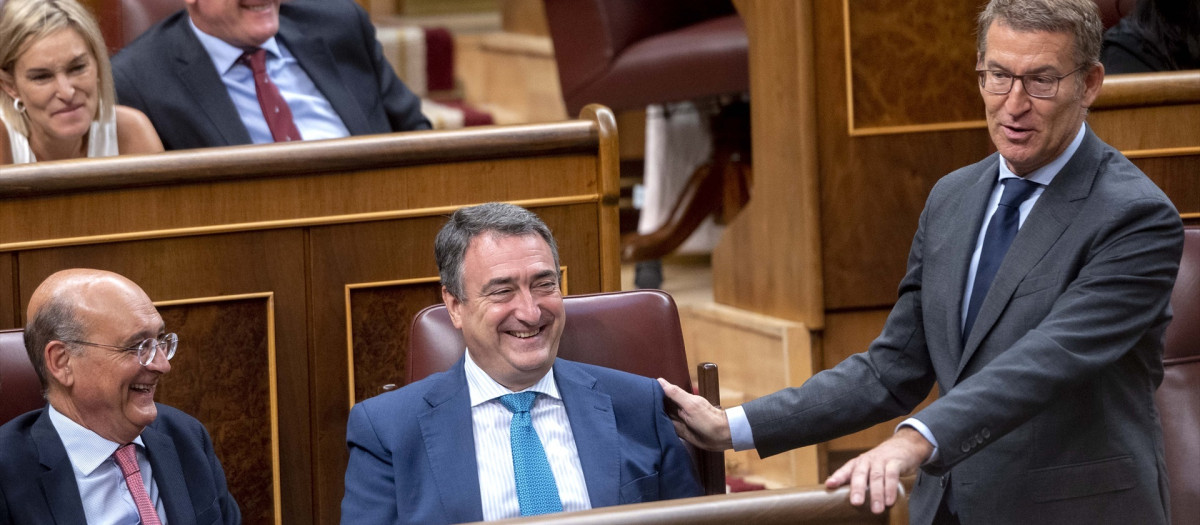 El líder del PP, Alberto Núñez Feijóo, junto al presidente del PNV, Aitor Esteban, ambos en el Congreso