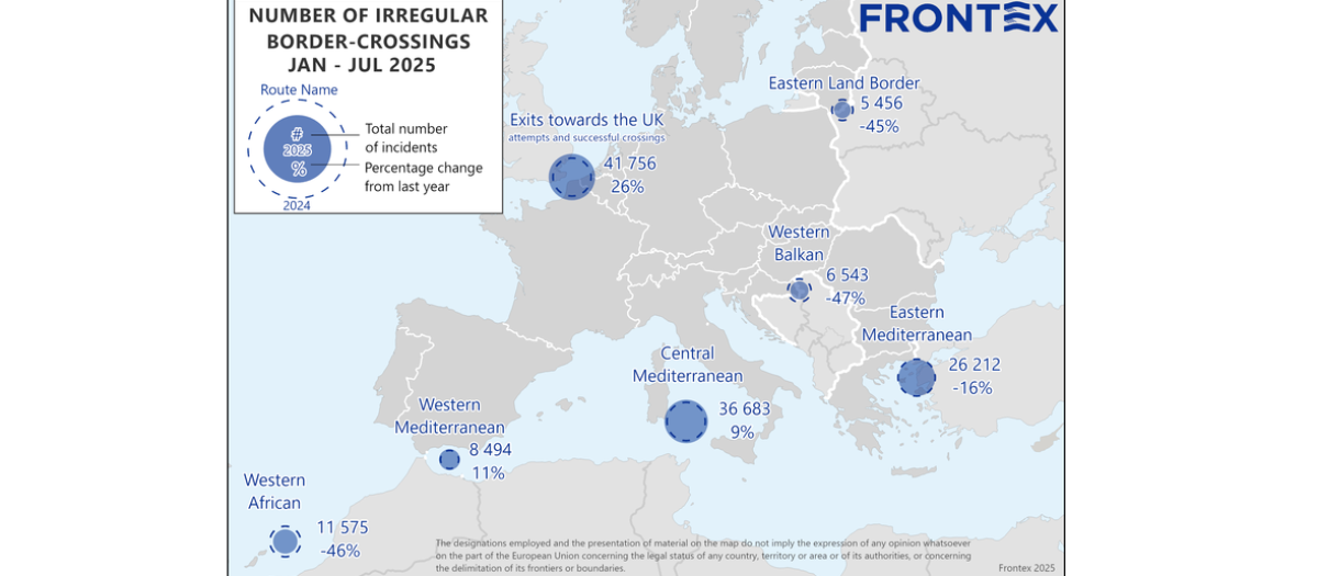 Mapa de Frontex con la llegada de inmigrantes a Europa en lo que llevamos de año