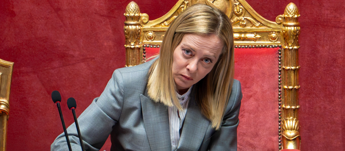 Premier Giorgia Meloni addresses the Senate ahead of the European Council meeting in Rome, Italy, on June 24, 2025. (Photo by Massimo Valicchia/NurPhoto) (Photo by Massimo Valicchia / NurPhoto via AFP)
