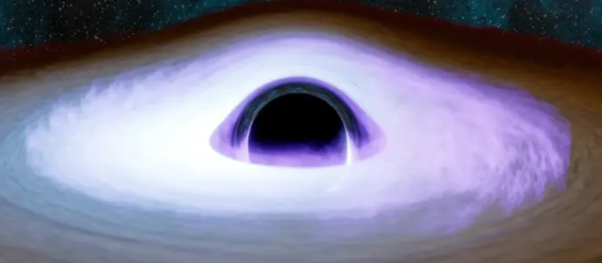 Esta ilustración de material girando alrededor de un agujero negro resalta una característica particular, llamada “corona”, que brilla