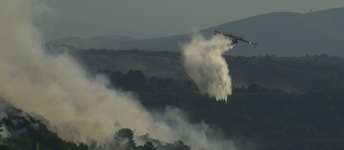 Medios aéreos de extinción en el incendio que llegó a nivel 2 por cercania a poblaciones. Vilardevós (Ourense) 02/08/25.Foto Rosa Veiga