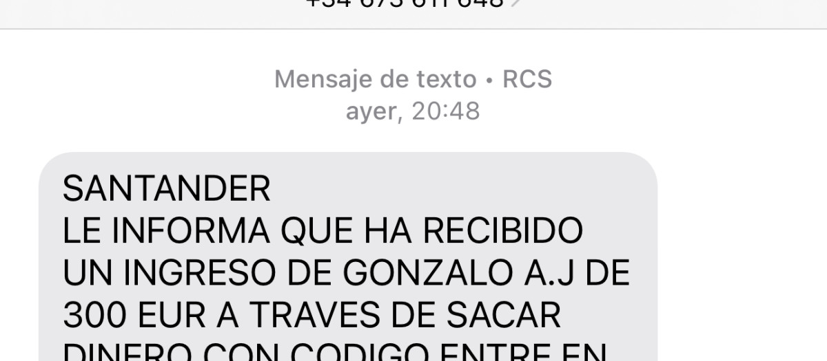 El SMS que recibió el vendedor para el ingreso de los 300 euros