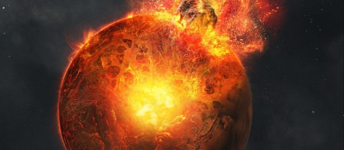 Ilustración del antiguo Marte siendo golpeado por una gigantesca roca espacial