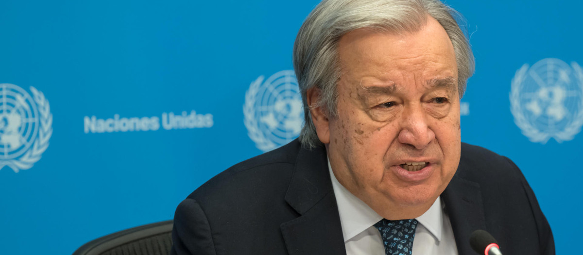 USA4562. NACIONES UNIDAS (NY, EEUU), 16/09/2025.- Fotografía cedida por la Organización de Naciones Unidas (ONU) de su secretario general, António Guterres, hablando durante una rueda de prensa este martes, en la sede del organismo internacional en Nueva York (Estados Unidos). Guterres evitó calificar de genocidio el asedio israelí durante casi dos años a la Franja de Gaza y se limitó a catalogarlo como una situación "espantosa". EFE/ Mark Garten/ ONU /SOLO USO EDITORIAL /NO VENTAS /SOLO DISPONIBLE PARA ILUSTRAR LA NOTICIA QUE ACOMPAÑA /CRÉDITO OBLIGATORIO