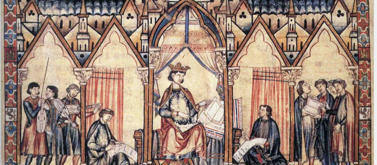 Miniatura de las Cantigas de Santa María que muestra a Alfonso X el Sabio dictando
