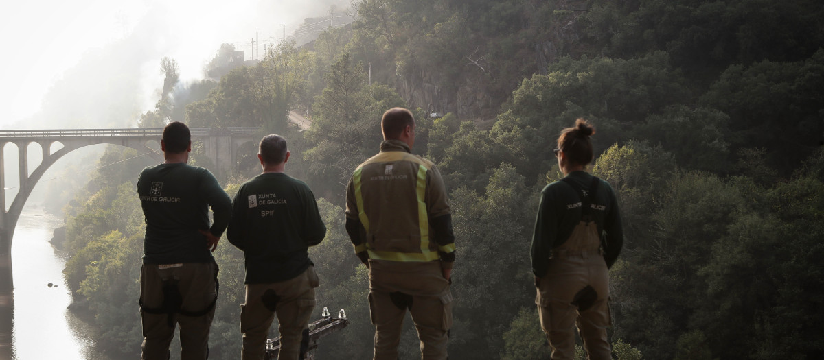 (Foto de ARCHIVO)
Cuatro personas observan el terreno calcinado, a 20 de septiembre de 2025, en A Barca, Sober, Lugo, Galicia (España). La conselleira do Medio Rural, María José Gómez, ha explicado que las llamas de este incendio forestal calcinaron varias casas y, aunque la situación mejoró con respecto a la jornada de ayer, hay puntos de "mucha complejidad” ya que ahora están activas las zonas de los barrancos que caen hacia el río Sil. Además, las 17 personas que fueron evacuadas durante la noche en el núcleo de Abelairas regresaron a sus casas tras ser obligadas a desalojarlas a causa de la cercanía del fuego.

Carlos Castro / Europa Press
20 SEPTIEMBRE 2025;FUEGO;INCENDIO;EMERGENCIA;
20/9/2025