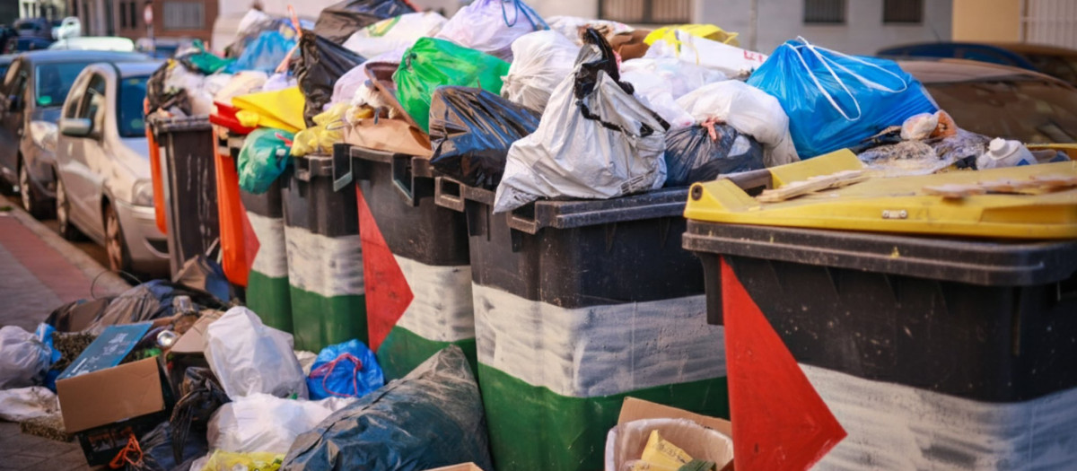 Imagen generada por IA de cubos de basura pintados con la bandera de Palestina
