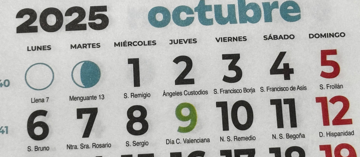 Imagen de un calendario con el festivo 9 de Octubre en la Comunidad Valenciana.