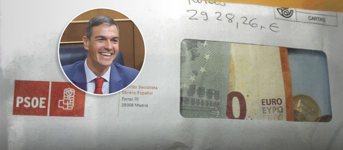 Montaje del presidente del Gobierno, Pedro Sánchez, con el sobre del PSOE con dinero