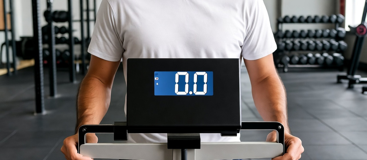 Un hombre subido en una básculas de bioimpedancia