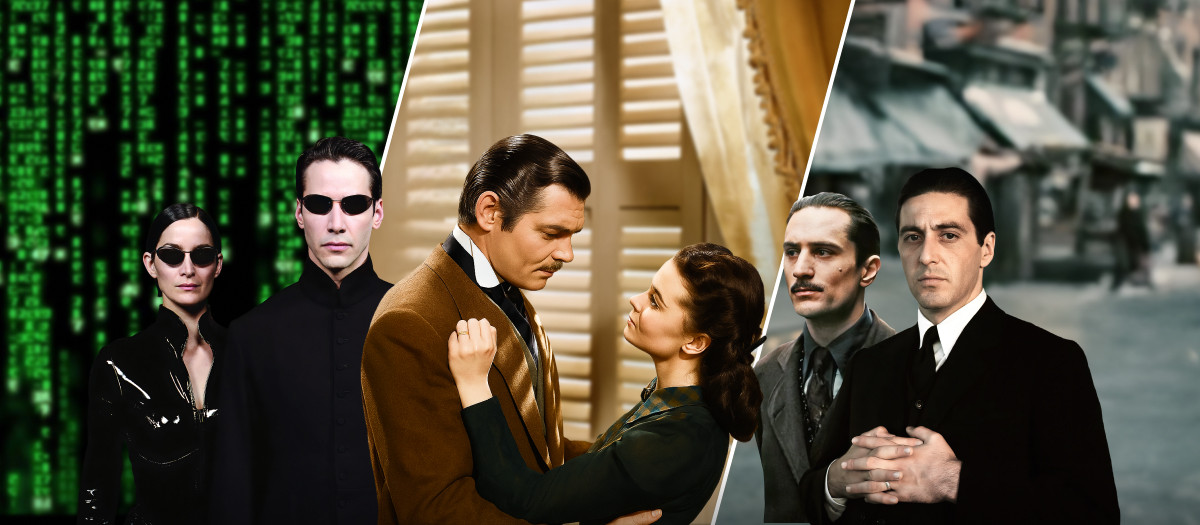 De izquierda a derecha, Matrix, Lo que el viento se llevó y El Padrino II