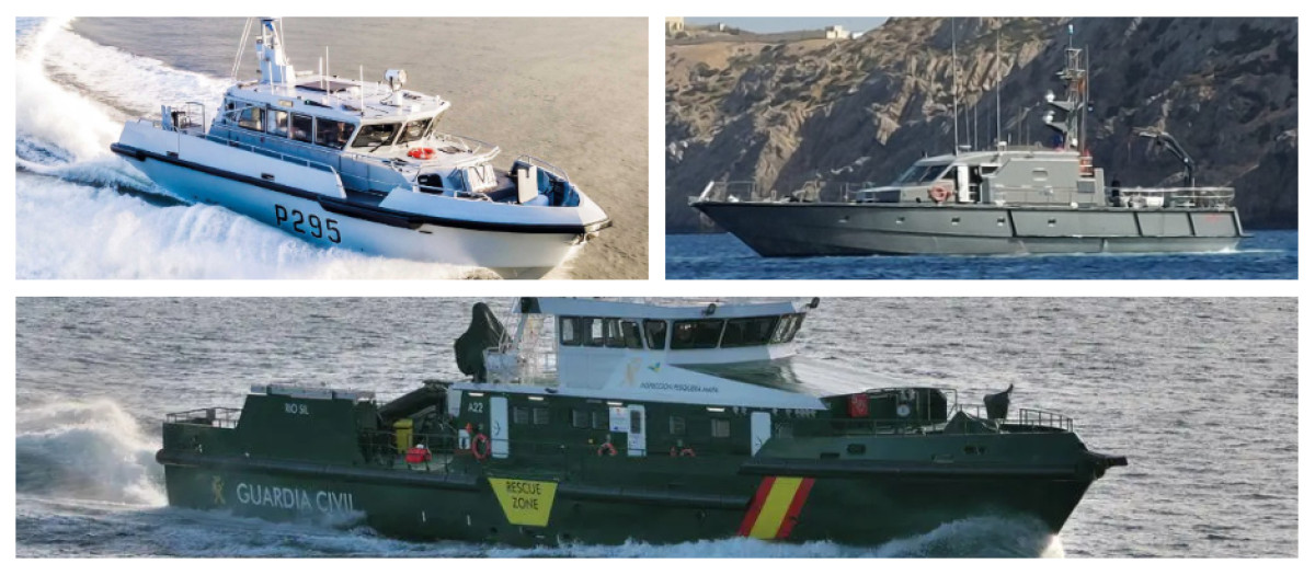 El HMS Dagger de la Royal Navy (arriba, izq.) frente al patrullero Isla de león de la Armada; abajo, la patrullera Río Sil de la Guardia Civil