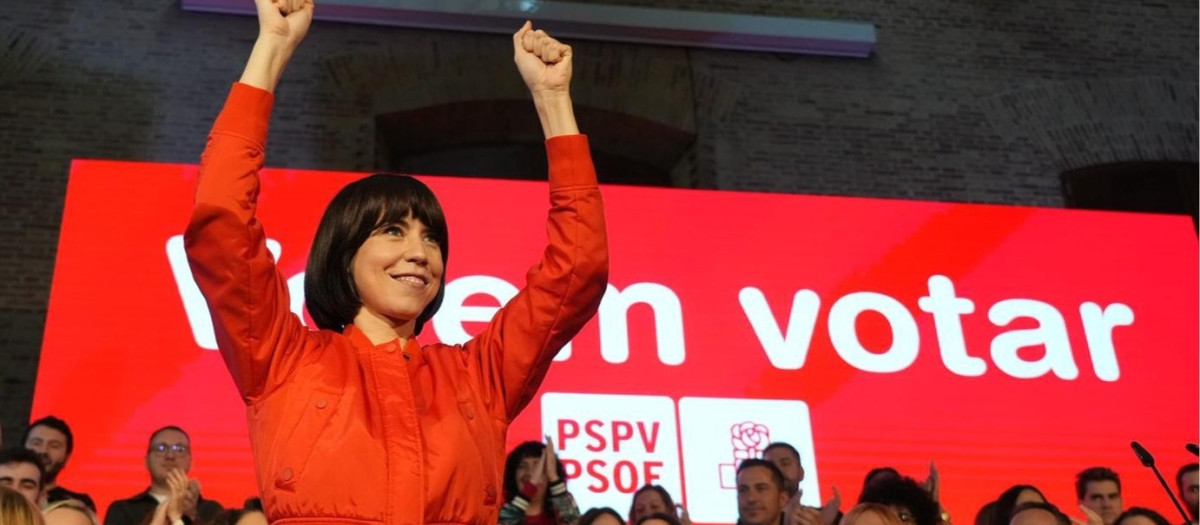 Imagen tomada este sábado de Diana Morant en el mitin del PSPV-PSOE en el que ha vuelto a pedir elecciones en la Comunidad Valenciana