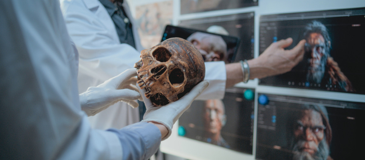 Imagen de archivo de científicos estudiando la anatomía de un cráneo fósil