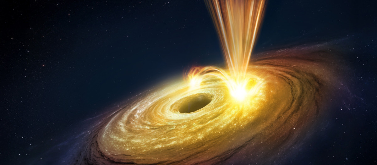 Impresión artística del agujero negro ventoso y en llamaradas de NGC 3783