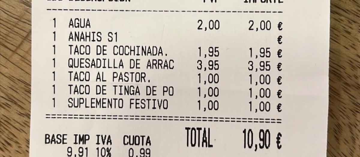 Imagen del ticket con el suplemento de 1 euro por ser día festivo