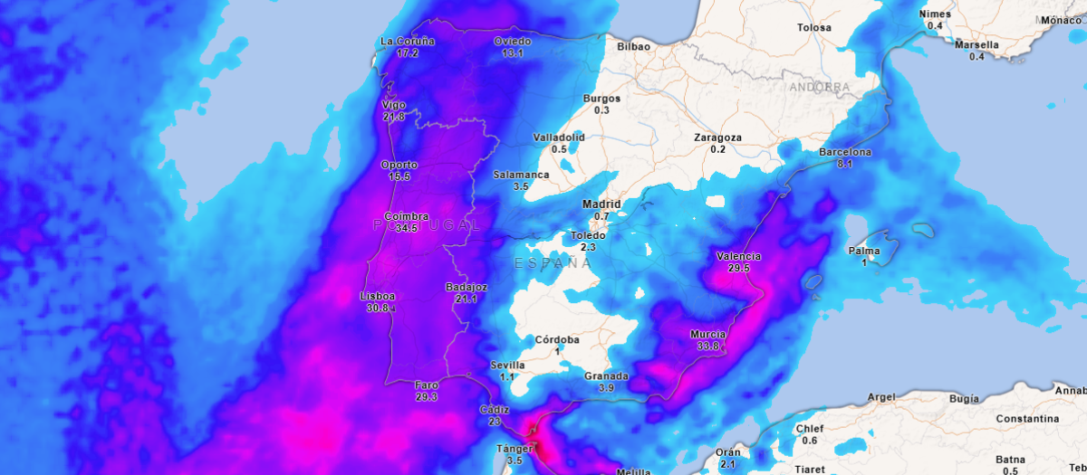 Precipitación acumulada hasta el domingo por la noche