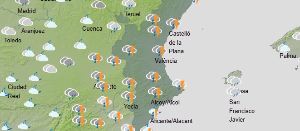 Mapana con la previsión de lluvias para este domingo en la Comunidad Valenciana.