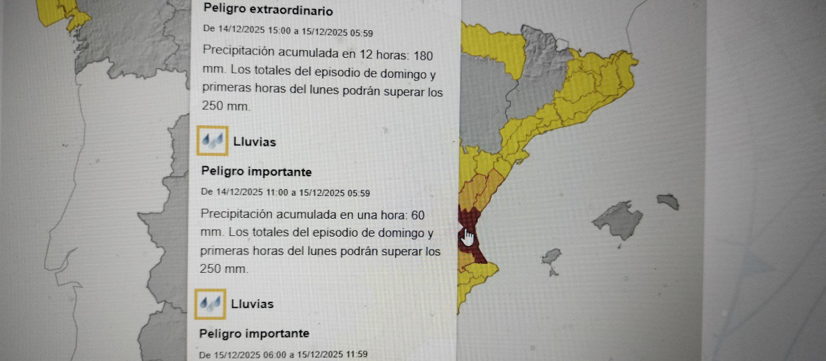 Mapa con los avisos de la Aemet en Valencia para lunes 15 de diciembre