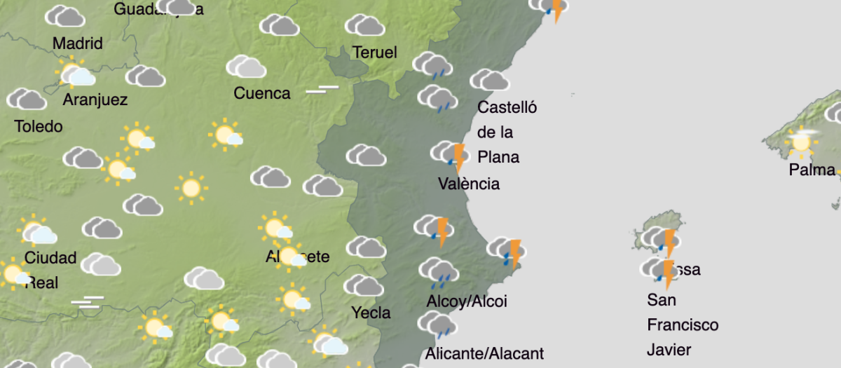 Mapa con la previsión de lluvias este jueves 25 de diciembre en la Comunidad Valenciana.