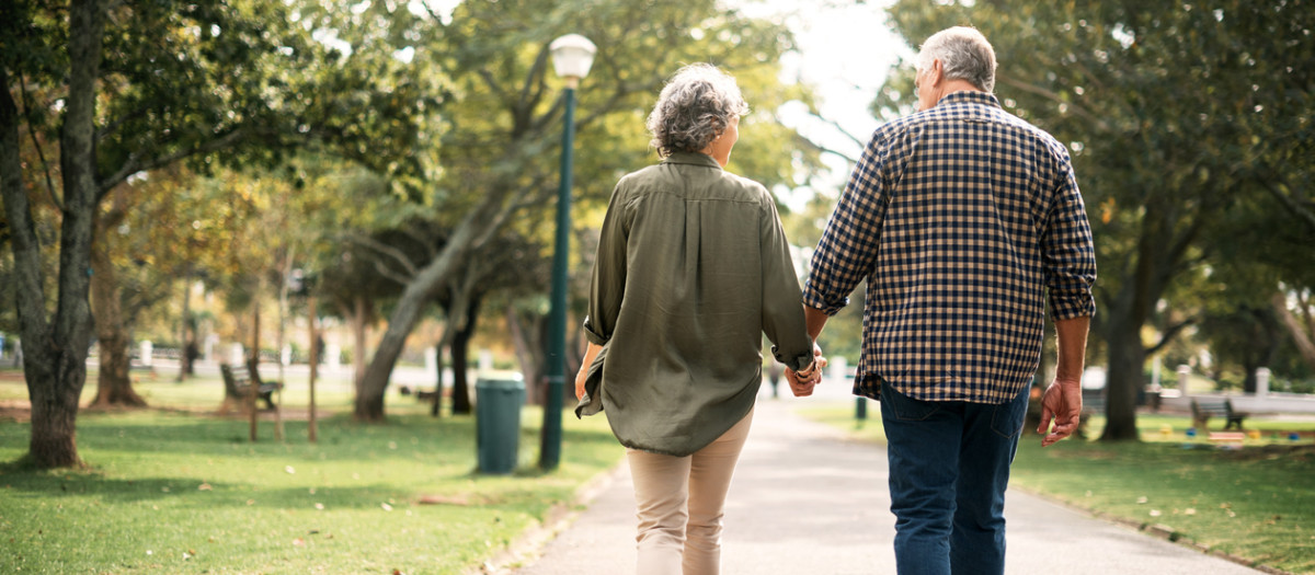 Rearview shot of a senior couple going for a walk in the park
