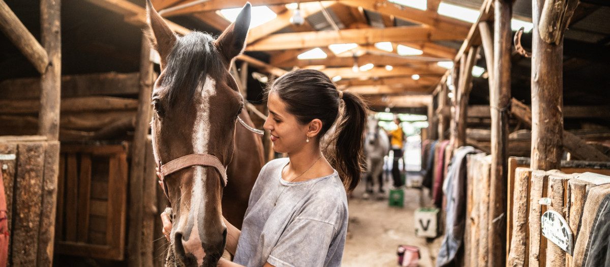 Imagen de archivo de una mujer acariciando a un caballo