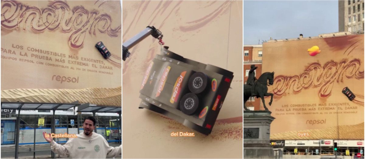 El coche del Dakar que flota en la fachada de un edificio de Madrid: así han hecho la lona publicitaria