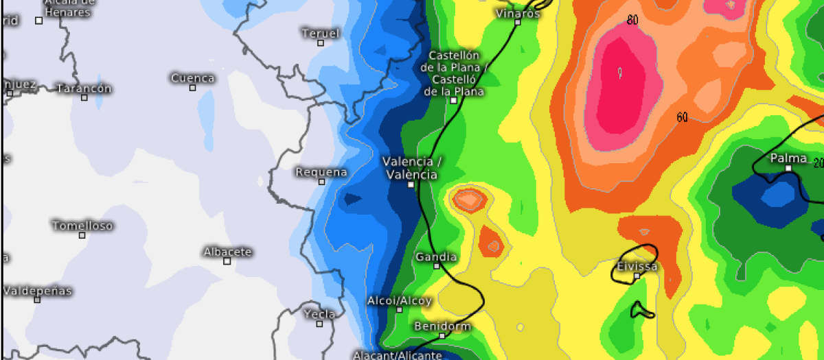 Mapa con las lluvias previstas por la borrasca Harry este martes 20 de enero en la Comunidad Valenciana.