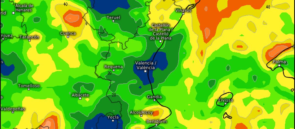 Mapa con la previsión de lluvias acumuladas en la Comunidad Valenciana durante los próximos días, según el modelo europeo ECMWF.