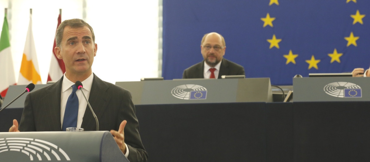 Don Felipe, durante su primera intervención en el Parlamento Europeo en octubre de 2015