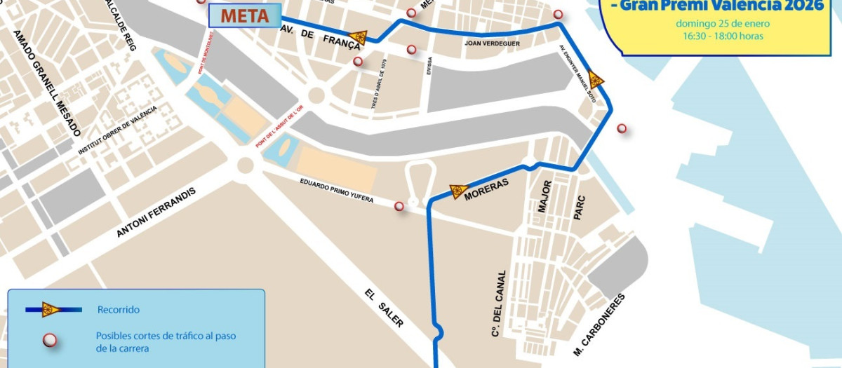 Mapa con el recorrido y las calles cortadas