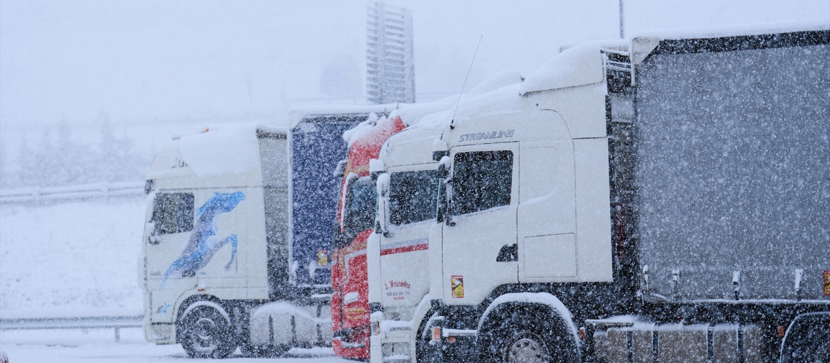 Varios camiones parados por la nieve