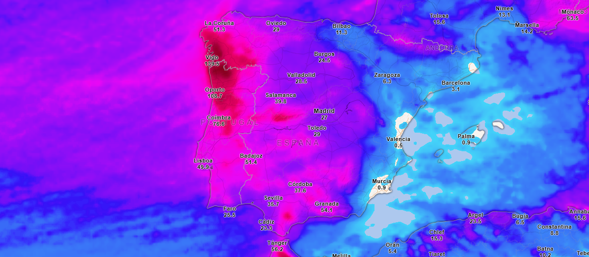 Precipitación acumulada hasta el miércoles a las 9:00