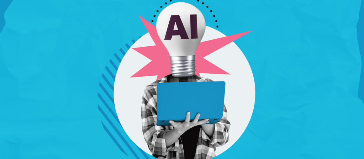 A person with a lightbulb as a head displaying AI, holding a laptop on a blue abstract background. Concept of artificial intelligence and ideas