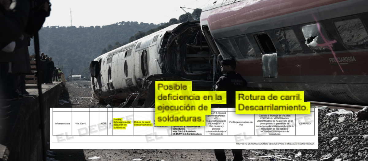 En segundo plano, el tren accidentado, en primer plano el documento con la advertencia