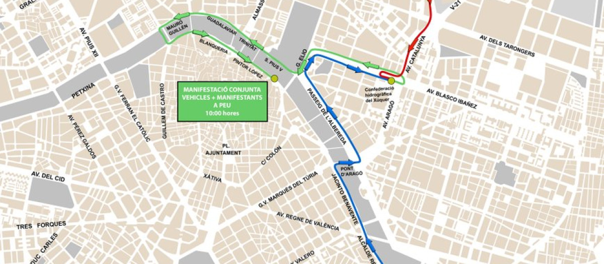 Detalle del recorrido de la tractorada de este jueves en Valencia