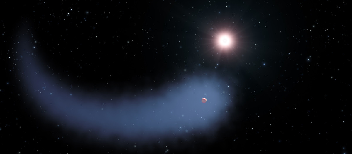 Representación artística de 'The Behemoth', una enorme nube de hidrógeno similar a un cometa que se desprende de un planeta cálido del tamaño de Neptuno, situado a solo 30 años luz de la Tierra