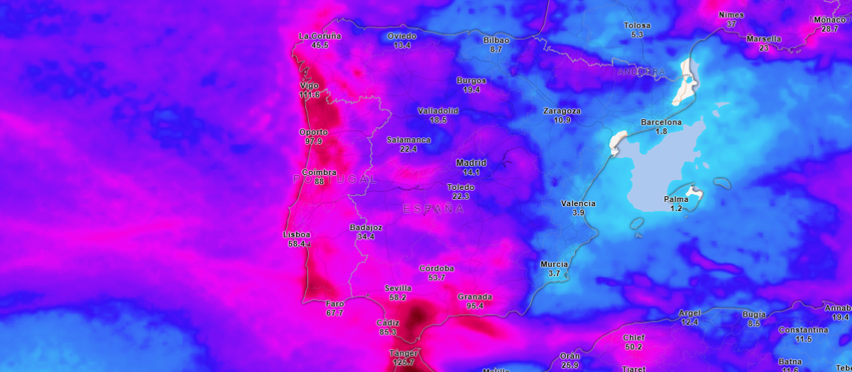 Precipitación acumulada hasta el jueves a las 0.00