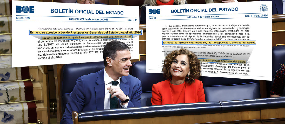 A la izquierda, el decreto ley derogado, con la referencia a los Presupuestos de 2026. A la derecha, el nuevo decreto ley, con el cambio de redactado