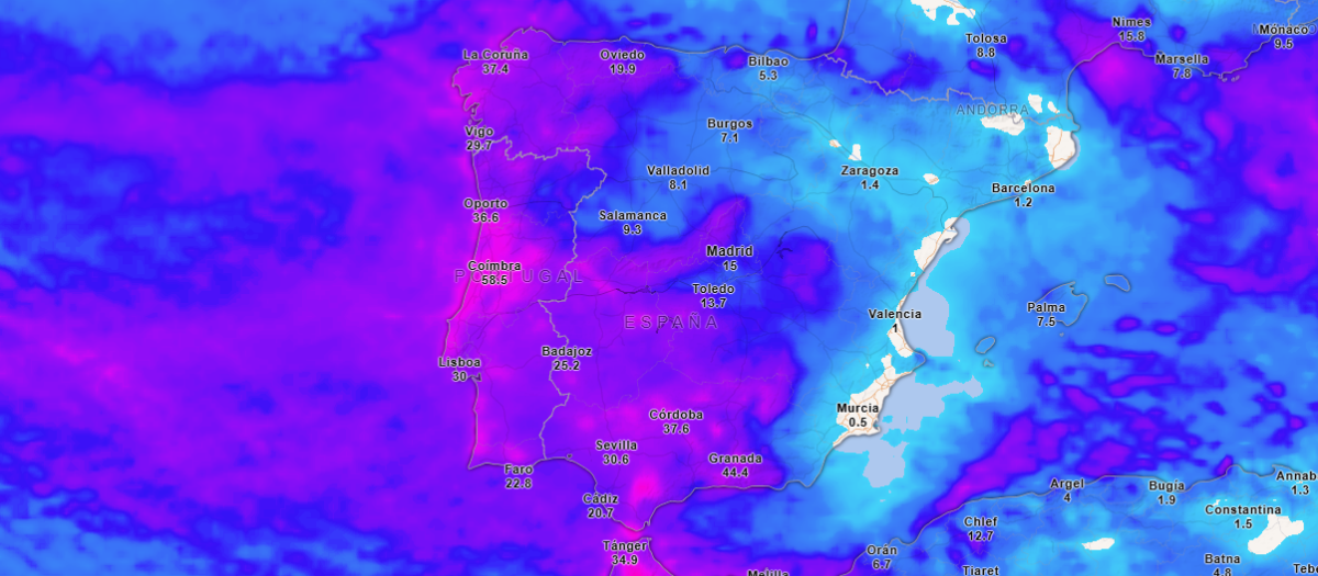 Precipitación acumulada hasta la noche del domingo
