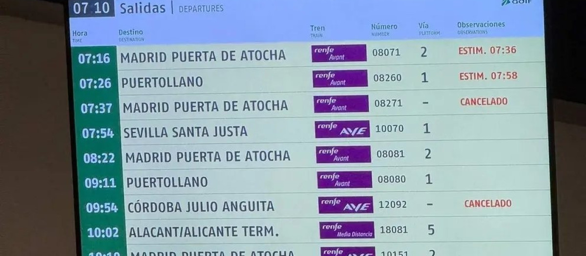 Panel de salidas y llegadas de Ciudad Real.

REMITIDA / HANDOUT por ASOCIACIÓN DE USUARIOS
Fotografía remitida a medios de comunicación exclusivamente para ilustrar la noticia a la que hace referencia la imagen, y citando la procedencia de la imagen en la firma
09/2/2026