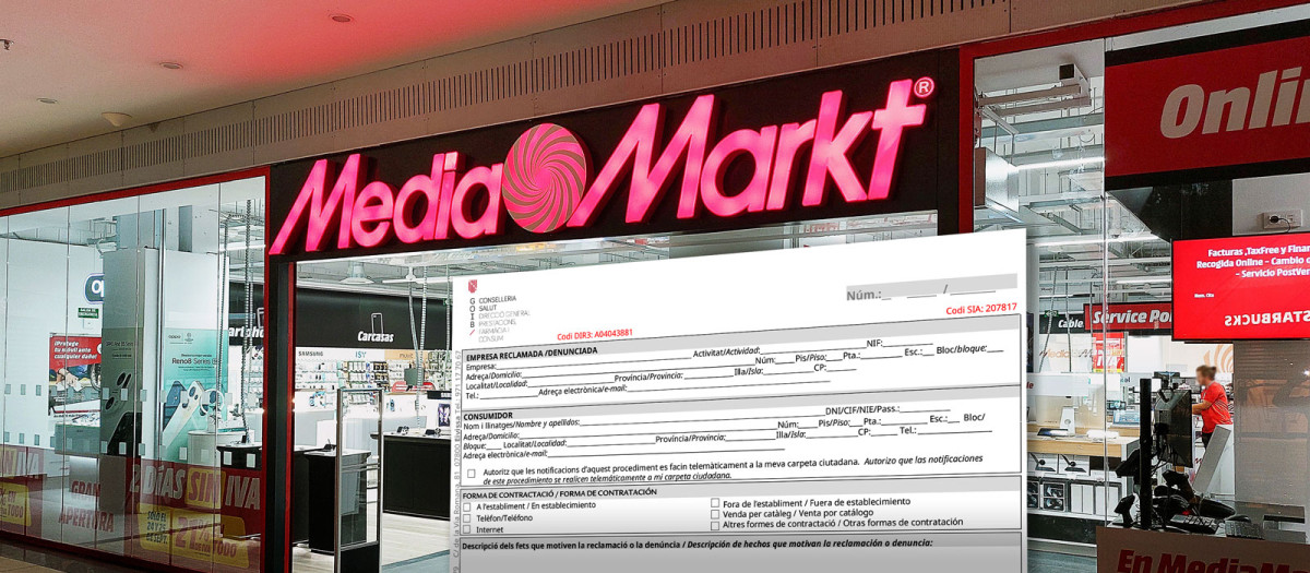 Montaje con la imagen de la tienda y una hoja de reclamaciones