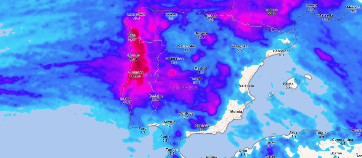 Precipitación acumulada hasta el jueves a las 23.00