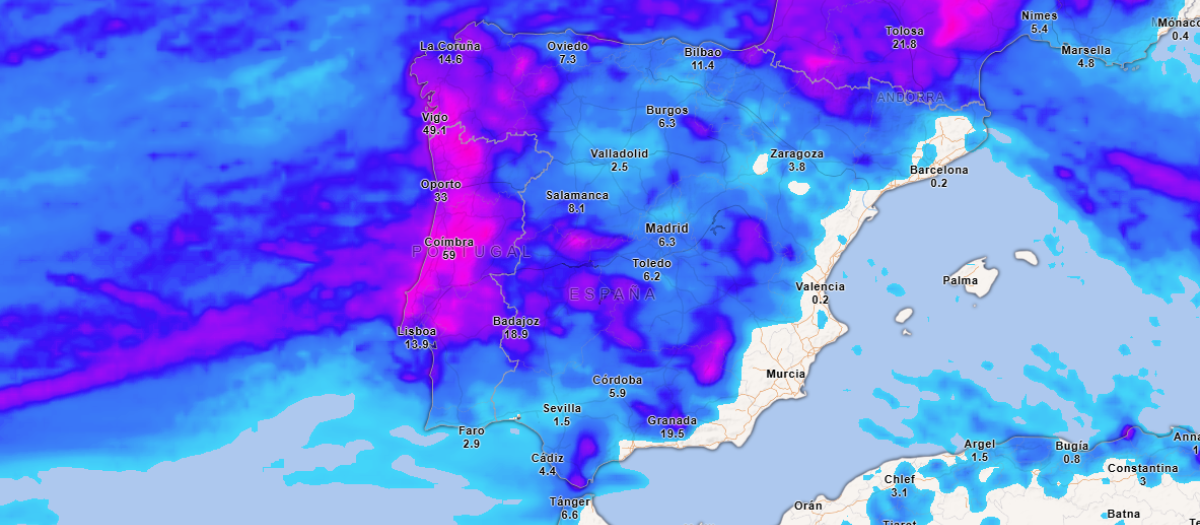 Precipitación acumulada hasta el jueves por la noche