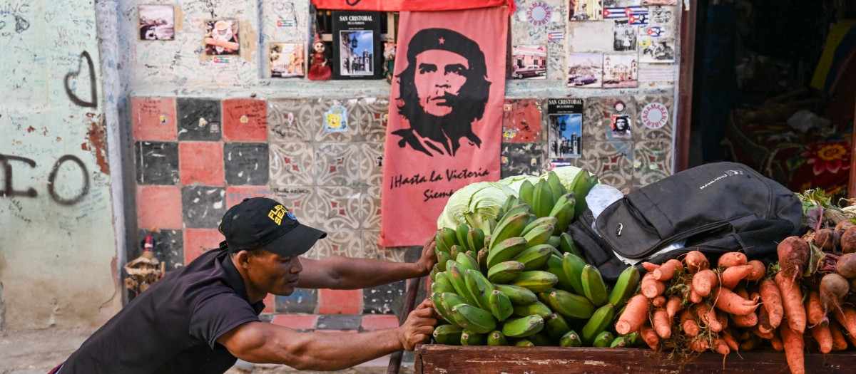 A street vendor pushes a cart loaded with bananas, carrots, and beetroots past a souvenir shop displaying images of Argentine-born Cuban guerrilla Ernesto Che Guevara in Havana, Cuba, on February 5, 2026. (Photo by YAMIL LAGE / AFP)