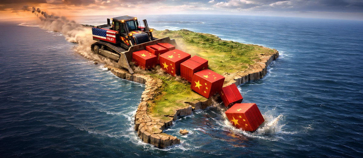 Ilustración de Estados Unidos empujando a China fuera del continente