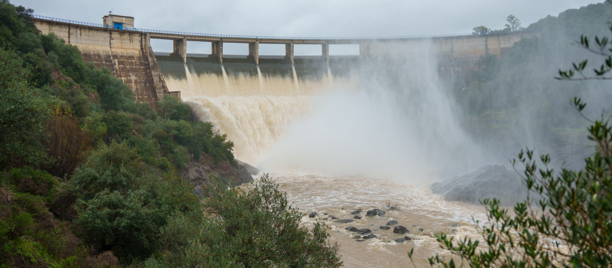 Imagen de la presa del Gergal dentro del término municipal de Guillena (Sevilla) aliviando agua