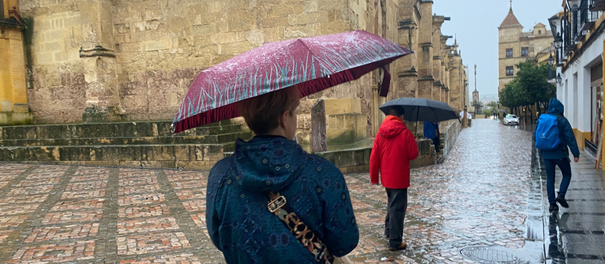 Mujer con paraguas en un día de lluvia junto a la Mezquita Catedral de Córdoba